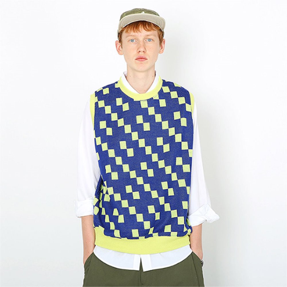 [텐블레이드] Round neck monogram knit vest-blue